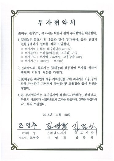 투자협약서
㈜)해농, 전라남도, 목포시는 다음과 같이 투자협약을 체결한다.
1.㈜해농은 목포시에 다음과 같이 투자하며, 공장 건립시친환경에너지 설비를 적극 도입한다.
ㅇ 투자지역 : 목포 대양산단(9,576㎡)
○ 투자분야 : 수산물(마른김. 조미김) 가공
0 투자규모 : 투자액 275억원, 고용창출 50명
ㅇ 투자기간 : 2019년~2020년
2. 전라남도와 목포시는 ㈜해농의 성공적인 투자를 위하여행정적 지원에 최선을 다한다.
3.㈜해농은 지역인재 채용·지역생산품 구매·지역기업 이용 등에적극 참여하여 지역경제 활성화 및 고용창출 등에 최선을다한다.
4. 본 투자협약서는 표기일자에 작성하고 ㈜해농, 전라남도,목포시 대표자가 서명함으로써 효력을 발생하며, 3부를 작성하여각 1부씩 보관한다.
2018년 11월 22일
(주)해농 대표이사 조명추
전라남도지사 김영록
목포시장 김종식
