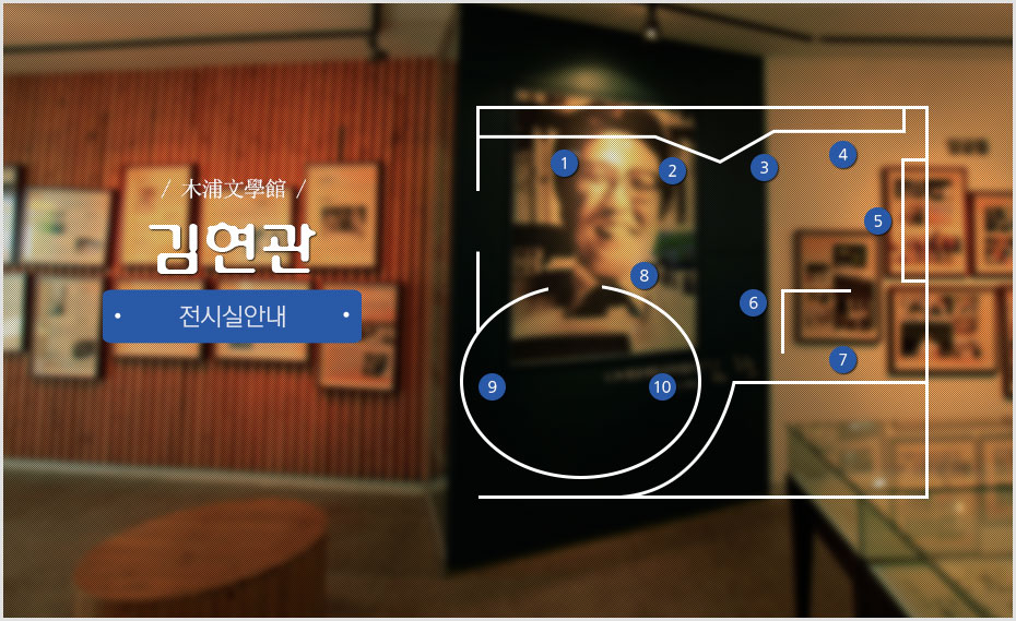 김현관 전시관 내부 위치도로 왼쪽부터 차례대로 1번부터 7번까지 위치해있으며 남서쪽 방향으로 8번에서 10번까지 위치해있으며 각 번호에대한 정보는 아래 표를 참고해주세요.
