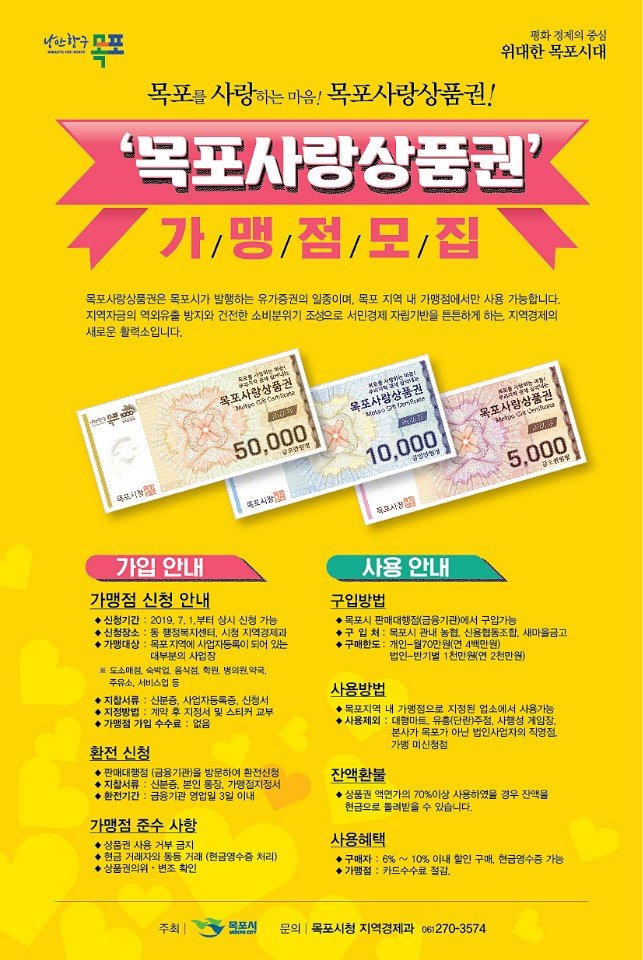 낭만항구 목포 평화 경제의 중심 위대한 목포시대 목포를 사랑하는 마음! 목포사랑상품권! '목포사랑상품권' 가맹점 모집 목포사랑상품권은 목포시가 발행하는 유가증권의 일종이며, 목포 지역 내 가맹점에서만 사용 가능합니다. 지역자금의 역외유출 방지와 건전한 소비분위기 조성으로 서민경제 자립기반을 튼튼하게 하는, 지역경제의 새로운 활력소입니다. 가입 안내 가맹점 신청 안내 ◆신청기간 : 2019.7.1.부터 상시 신청 가능 ◆신청장소 : 동 행정복지센터, 시청 지역경제과 ◆가맹대상 : 목포지역에 사업자등록이 되어 있는 대부분의 사업장 ※도소매점, 숙박업, 음식점, 학원, 병의원, 약국, 주유소, 서비스업 등 ◆지참서류 : 신분증, 사업자등록증, 신청서 ◆지정방법 : 계약 후 지정서 및 스티커 교부 ◆가맹점 가입 수수료 : 없음 환전 신청 ◆판매대행점 (금융기관)을 방문하여 환전신청 ◆지찰서류 : 신분증, 본인 통장, 가맹점지정서 ◆환전기간 : 금융기관 영업일 3일 이내 가맹점 준수 사항 ◆상품권 사용 거부 금지 ◆현금 거래자와 동등 거래(현금영수증 처리) ◆상품권의위·변조 확인 사용 안내 구입방법 ◆목포시 판매대행점(금융기관)에서 구입가능 ◆구입처 : 목포시 관내 농협, 신용협동조합, 새마을금고 ◆구매한도 : 개인-월70만원(연 4백만원) 법인-반기별 1천만원(연 2천만원) 사용방법 ◆목포지역 내 가맹점으로 지정된 업소에서 사용가능 ◆사용제외 : 대형마트, 유흥(단란)주점, 사행성 게임장, 본사가 목포가 아닌 법인사업자의 직영점, 가맹 미신청점 잔액환불 ◆상품권 액면가의 70%이상 사용하였을 경우 잔액을 혐그으로 돌려받을 수 있습니다. 사용혜택 ◆구매자 : 6% ~ 10% 이내 할인 구매, 현금영수증 가능 ◆가맹점 : 카드수수료 절감. 주최 목포시 문의 목포시청 지역경제과 061-270-3574