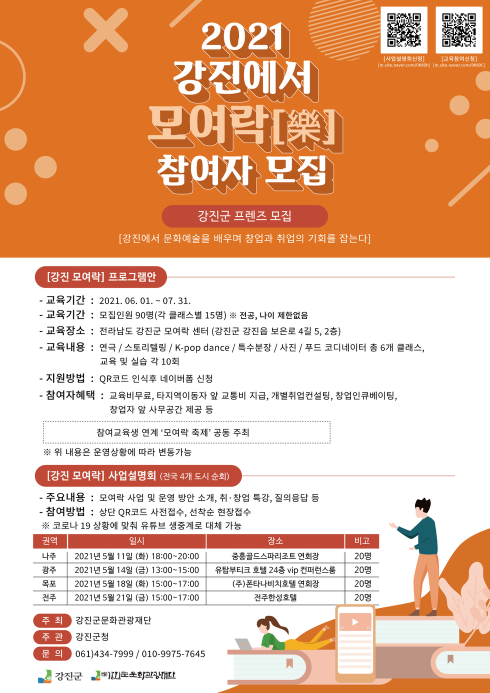 2021 강진에서 모여락[樂] 참여자 모집 강진군 프렌즈 모집 [강진에서 문화예술을 배우며 창업과 취업의 기회를 잡는다] | [강진 모여락] 프로그램안 - 교육기간: 2021.06.01.~07.31. -교육기간: 모집인원 90명(각 클래스별 15명) ※ 전공, 나이 제한없음 -교육장소: 전라남도 강진군 모여락 센터 (강진군 강진읍 보은로 4길 5, 2층) -교육내용: 연극/스토리텔링/K-pop dance/특수분장/사진/푸드 코디네이터 총 6개 클래스, 교육 및 실습 각 10회 -지원방법: QR코드 인신후 네이버폼 신청 -참여자혜택: 교육비무료, 타지역이동자 앞 교통비 지급, 개별취업컨설팅, 창업ㅁ인큐제이팅, 창업자 앞 사무공간 제공 등, 참여교육생 연계 '모여락 축제' 공동 주최 ※ 위 내용은 운영상황에 따라 변동 가능 | [강진 모여락] 사업 설명회 (전국 4개 도시 순회) -주요내용: 모여락 사업 및 운영 방안 소개, 취.창업 특강, 질의응답 등 -참여방법: 상단 QR코드 사전접수, 선착순 현장접수 ※코로나 19 상황에 맞춰 유튜브 생중계로 대체 가능 | 나주 2021년 5월 11일 (화) 18:00~20:00 중흥골드스파리조트 연회장 20명 / 광주 2021년 5월 14일 (금) 13:00~15:00 유탑부티크 호텔 24층 vip 컨퍼런스룸 20명 / 목포 2021년 5월 18일 (화) 15:00~17:00 (주)폰타나비치호텔 연회장 20명 / 전주 2021년 5월 21일 (금) 15:00~17:00 전주한성호텔 20명 |  주최: 강진군문화관광재단 | 주관: 강진군청 | 문의 061)434-7999 / 010-9975-7645 | 강진군 강진군문화관광재단